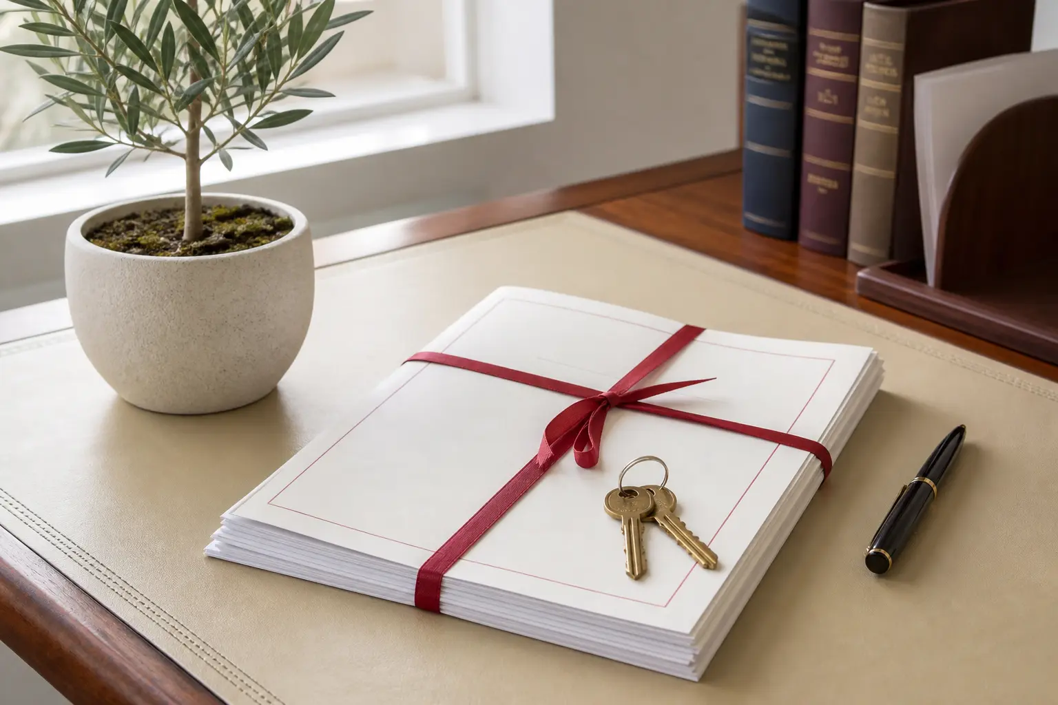 House keys on contracts tied with a red legal ribbon