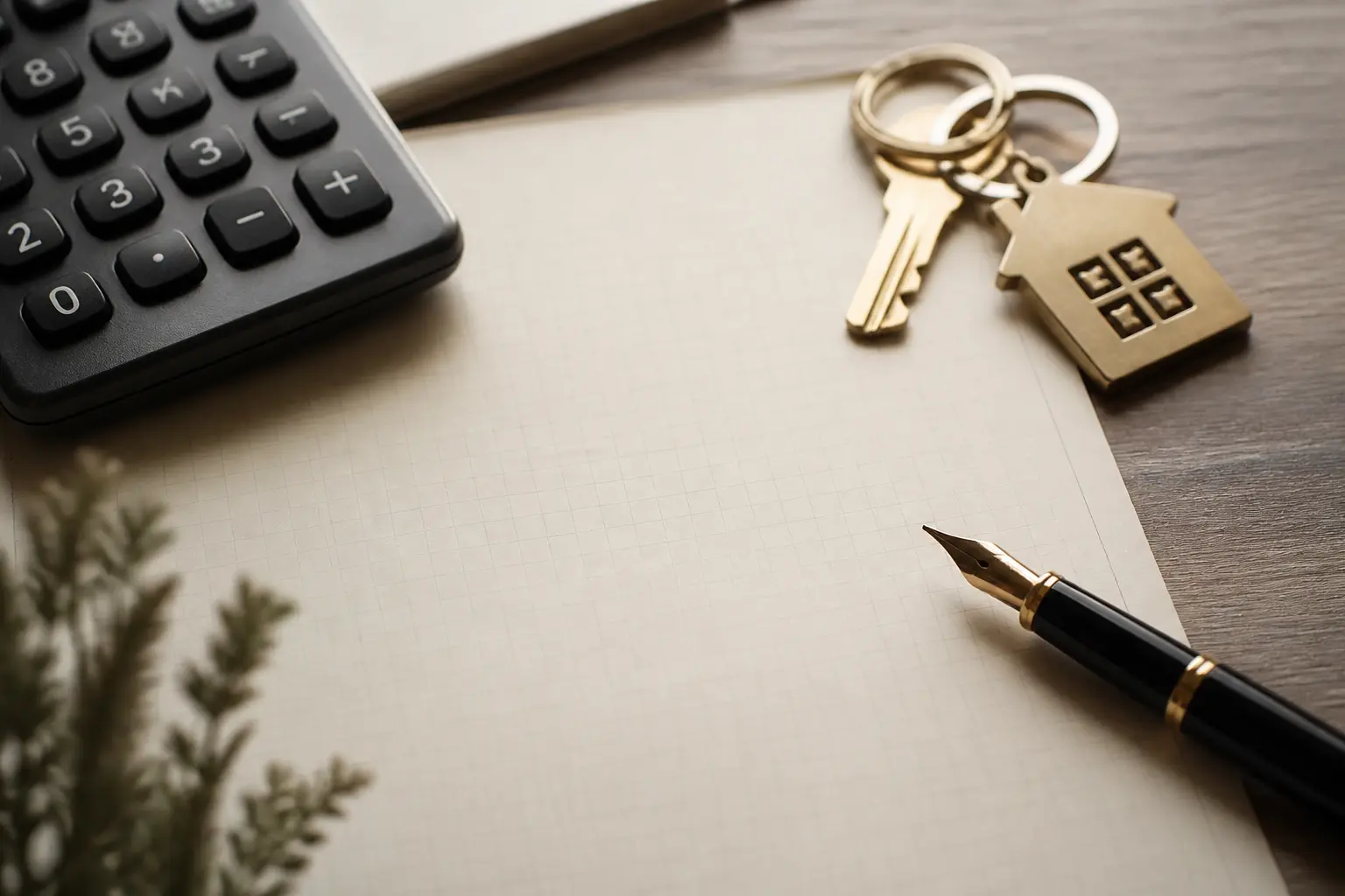 Calculator, fountain pen and house keys on cream stationery
