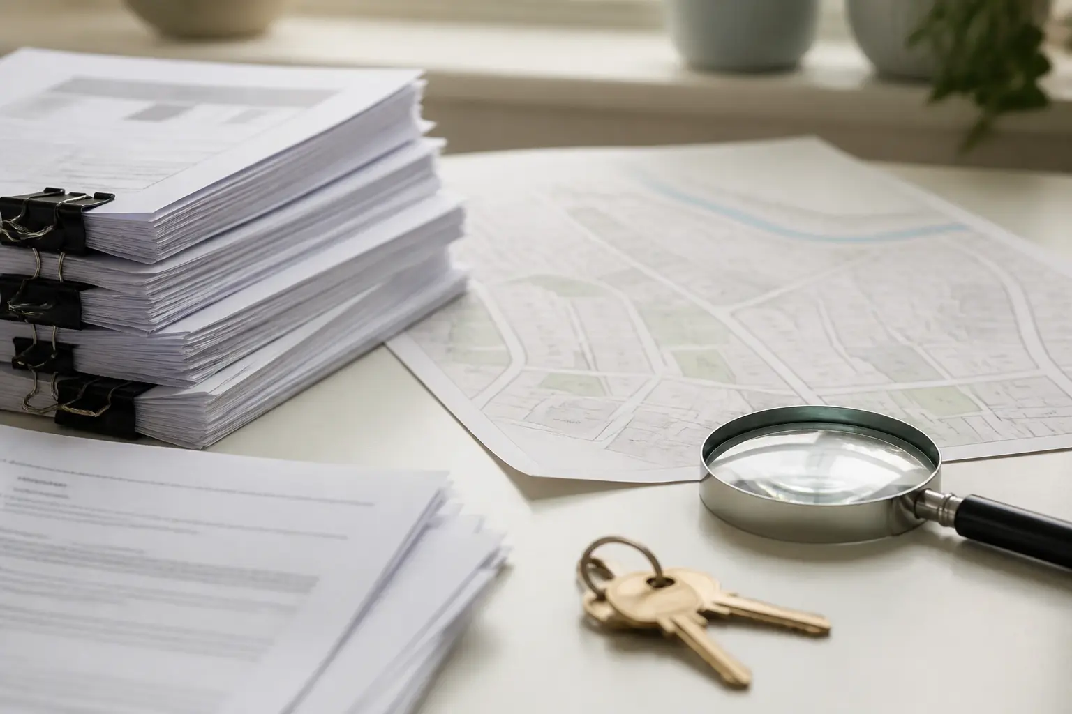 Property search reports, a site plan under a magnifying glass, and house keys