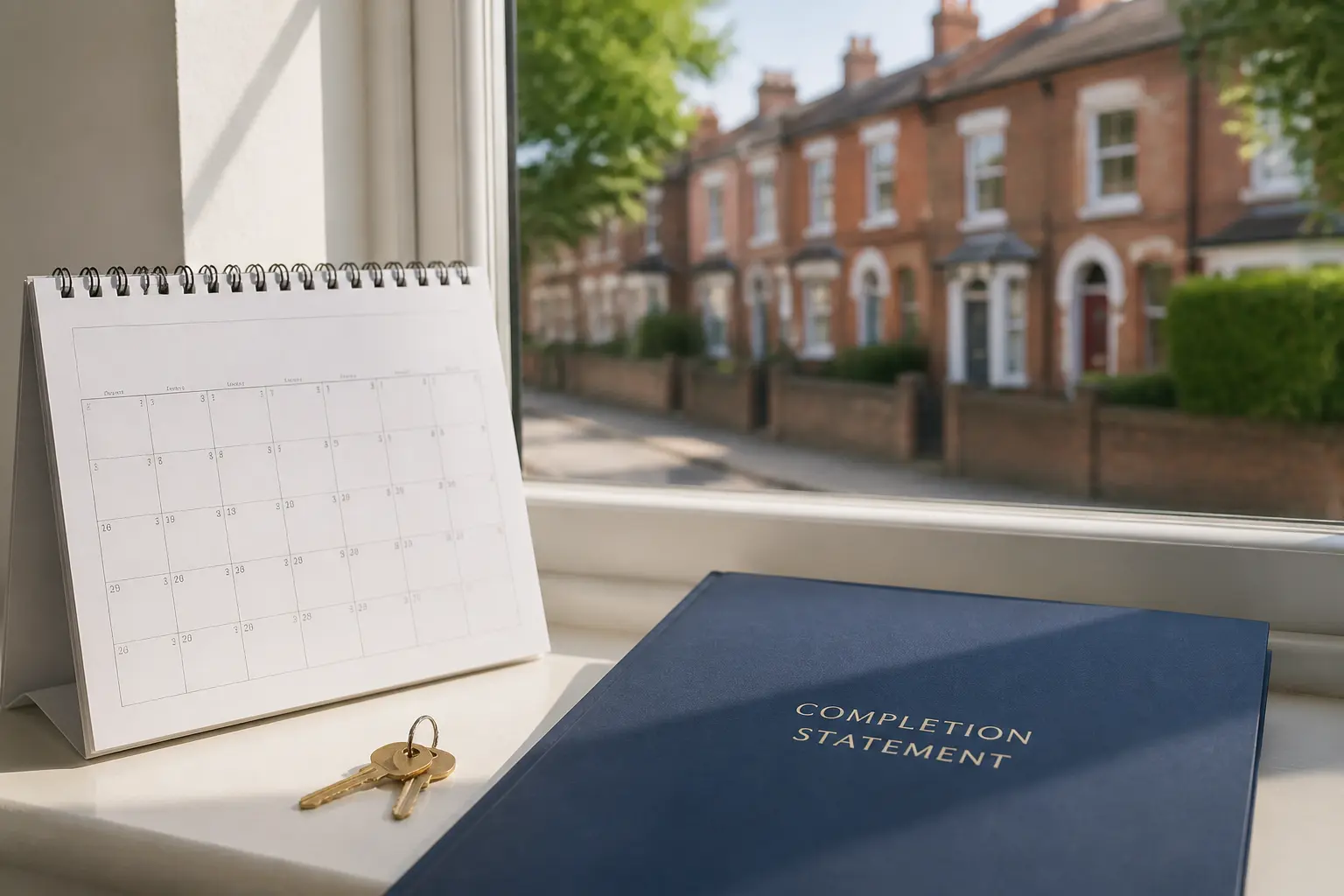 Completion statement folder, house keys and a calendar on a windowsill overlooking terraced houses