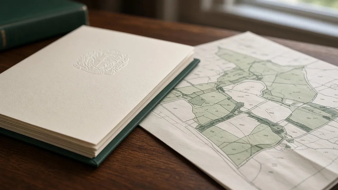 Title papers and a land map on a desk