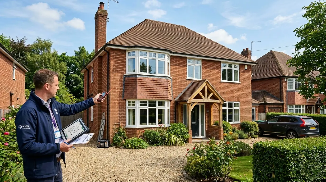 RICS surveyor conducting a property survey outside a detached brick house